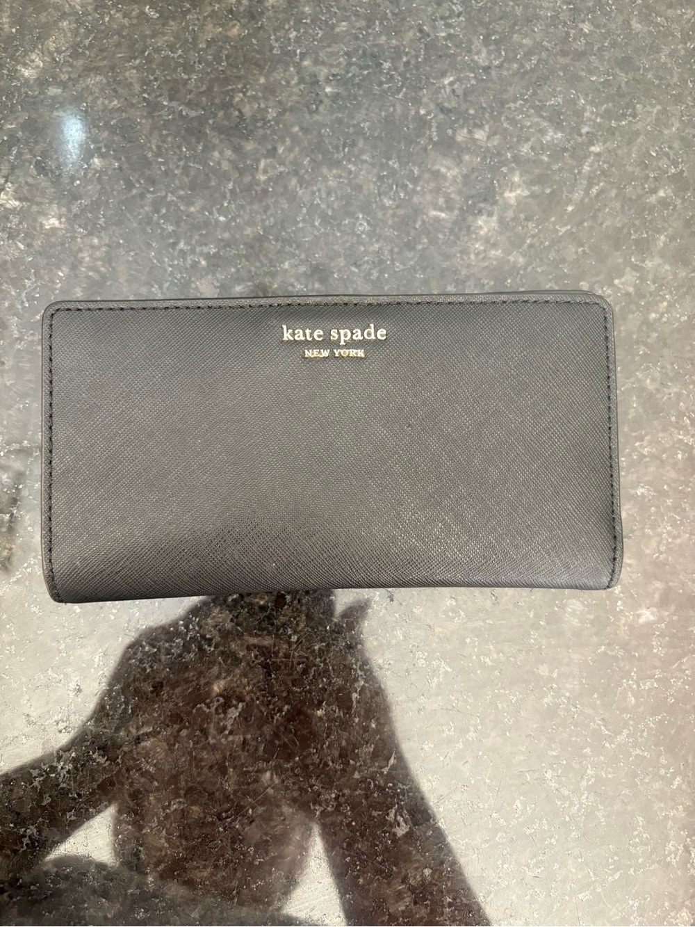 kate spade Black Saffiano Leather Continental Zip Wallet with Gold Logo